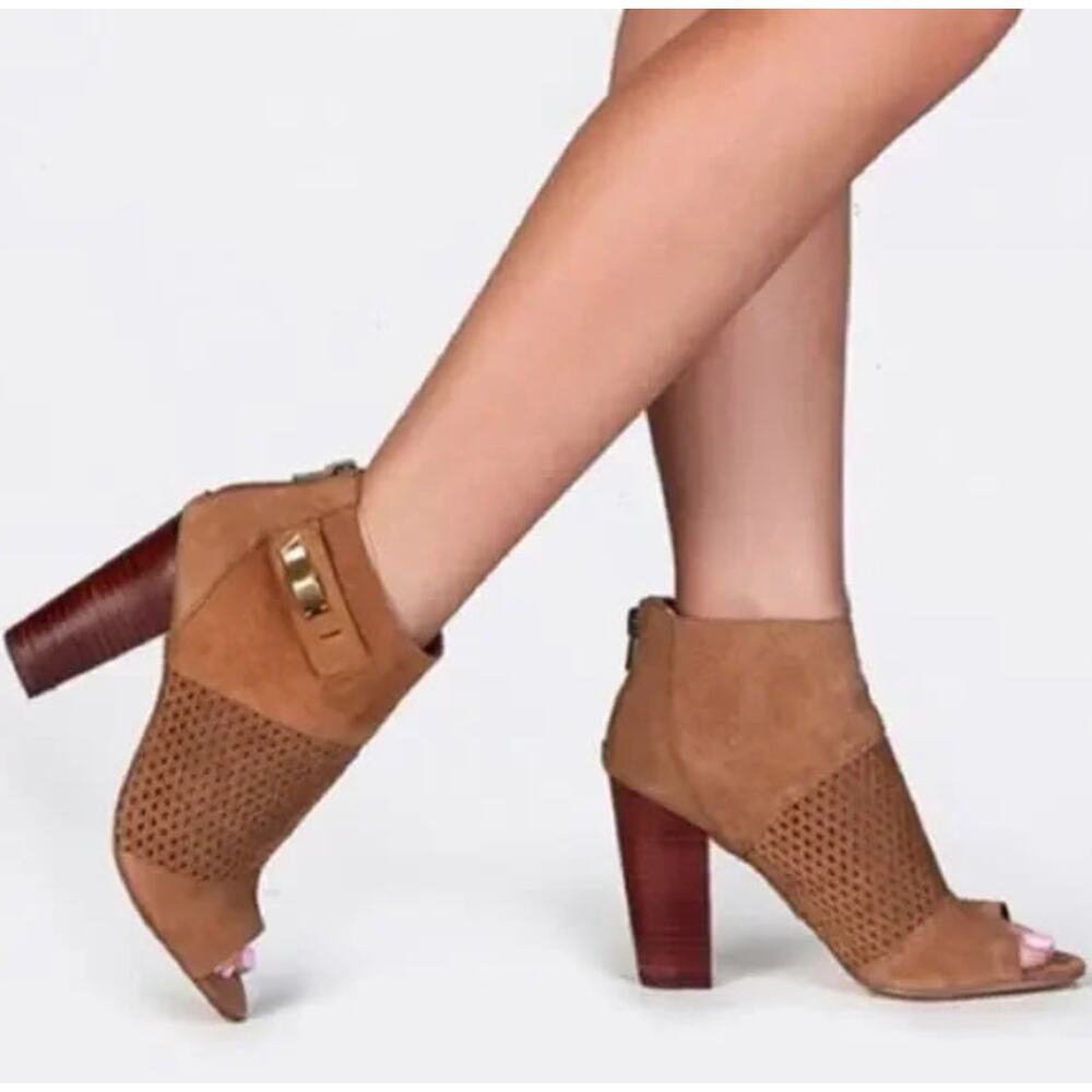 Dolce Vita Tan Suede‎ Perforated Open Toe Block Heel Booties - Size 8.5